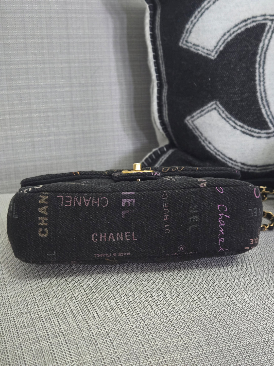 Chanel 22P collection Black Denim Mood Flap Bag with Aged GHW size Medium (25 cms)