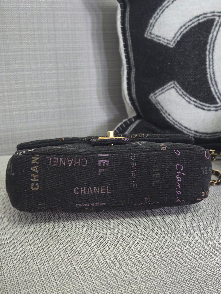 Chanel 22P collection Black Denim Mood Flap Bag with Aged GHW size Medium (25 cms)