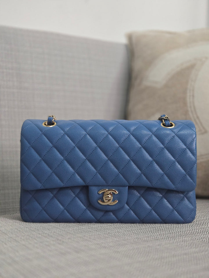 Chanel Series 30 Blue Caviar Medium Timeless Classic Double Flap Bag with Champagne GHW