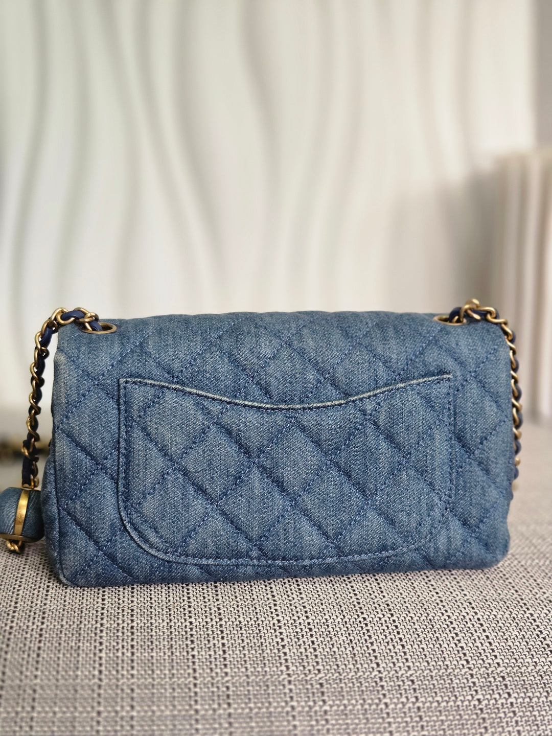 CHANEL 23C 2022/2023 Cruise collection Denim Pearl Crush Adjustable Chain Mini Rectangular Flap Bag with Aged GHW