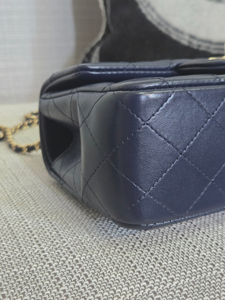 Chanel Navy Lambskin Mini Rectangular Flap Bag with Champagne GHW and Top Handle