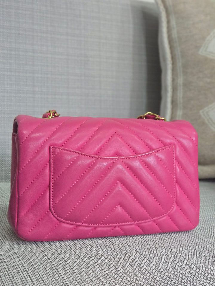 Chanel series 21 Barbie Pink Lambskin Chevron Mini Rectangular Flap Bag with Yellow GHW