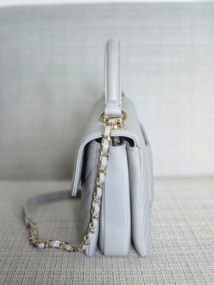 Chanel series 25 Grey Lambskin Chevron Trendy CC Top Handle Flap Bag Size Small with Champagne GHW and Detachable Shoulder strap