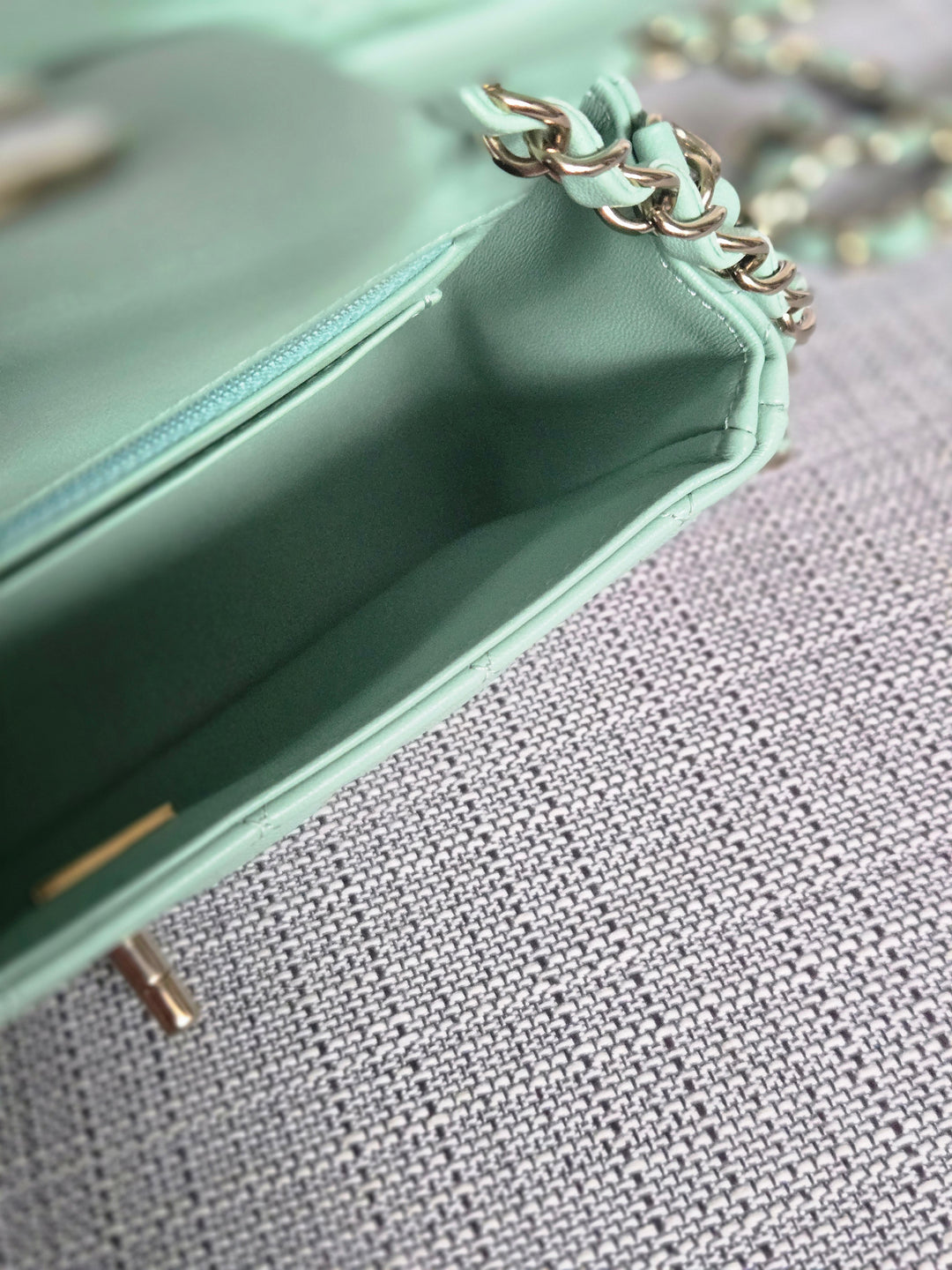 Chanel 24S collection 2024 Pastel Green Lambskin Champagne GHW Classic Mini Rectangular Flap Bag
