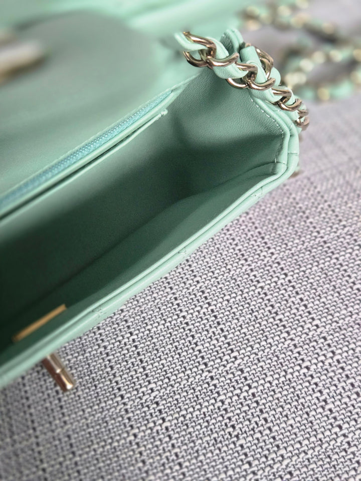 Chanel 24S collection 2024 Pastel Green Lambskin Champagne GHW Classic Mini Rectangular Flap Bag
