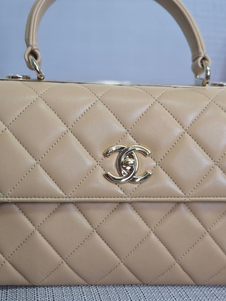 Chanel series 26 2018 Beige Lambskin Trendy CC Flap Bag with Top Handle Size Small with Champagne GHW and detachable Shoulder strap