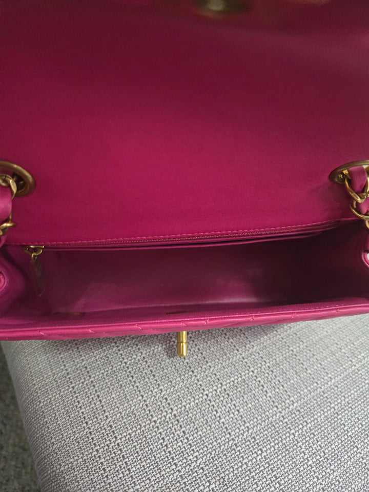 Chanel series 21 Barbie Pink Lambskin Chevron Mini Rectangular Flap Bag with Yellow GHW