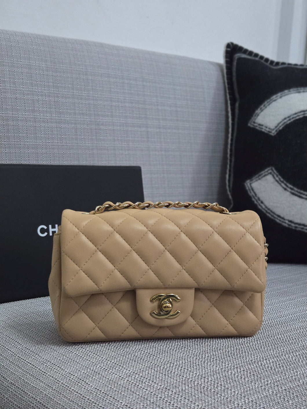 Chanel 22C 2022/2023 Cruise Collection Beige Lambskin Classic Mini Rectangular Flap Bag with Champagne GHW