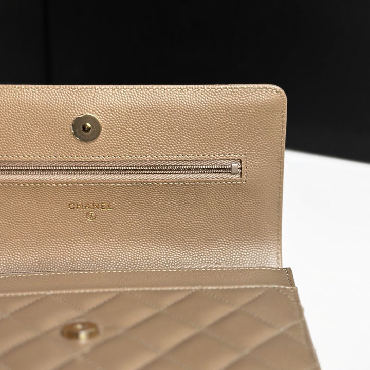 CHANEL 22A collection 2022 Dark Beige Caviar LGHW Classic Wallet On Chain (WOC)