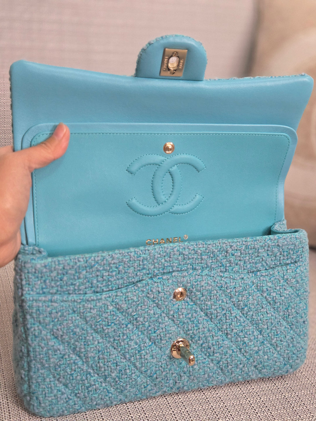 Chanel 22B 2022 Fall/Winter Collection Turquoise Blue Tweed Medium ML Timeless Classic Double Flap Bag with Champagne GHW