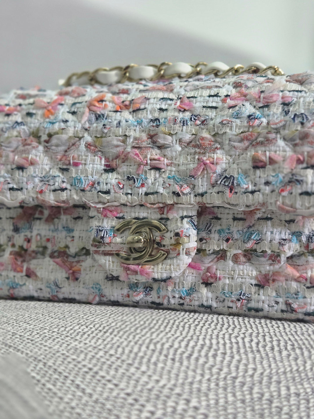 Chanel 23C 2022/2023 Cruise Collection Tweed Quilted Mini Rectangular Flap Bag in Ecru, Pink, Blue, and Green with Champagne GHW