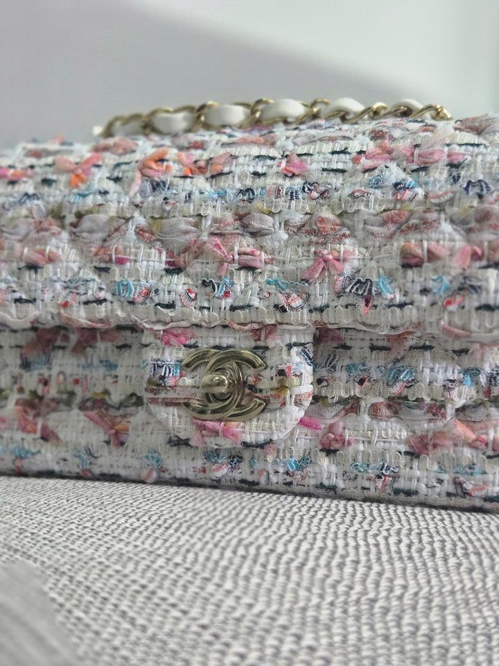 Chanel 23C 2022/2023 Cruise Collection Tweed Quilted Mini Rectangular Flap Bag in Ecru, Pink, Blue, and Green with Champagne GHW
