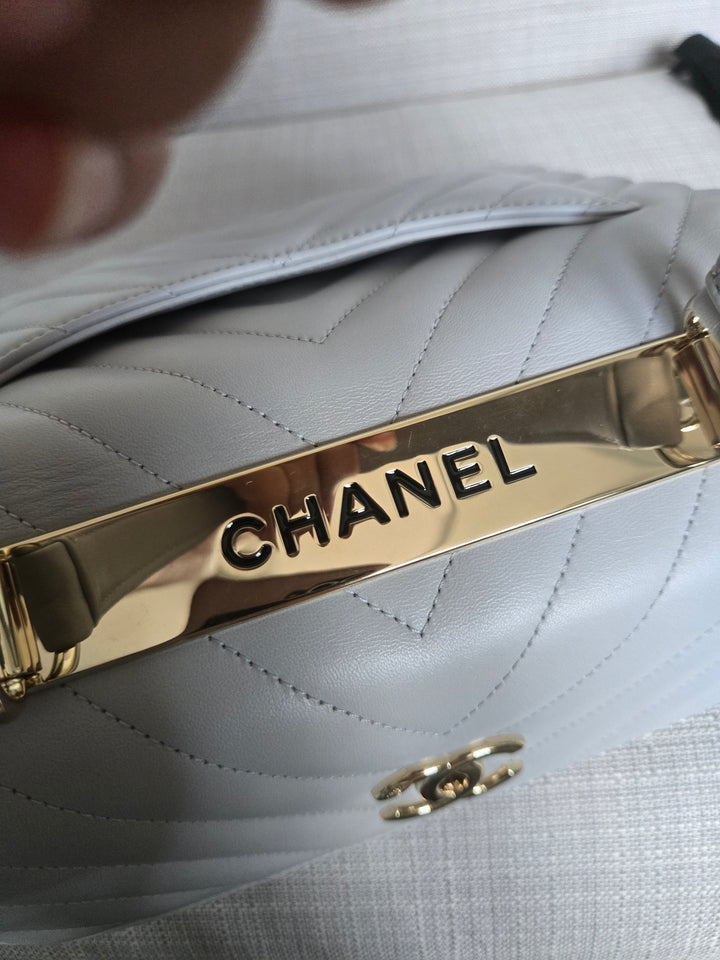 Chanel series 25 Grey Lambskin Chevron Trendy CC Top Handle Flap Bag Size Small with Champagne GHW and Detachable Shoulder strap