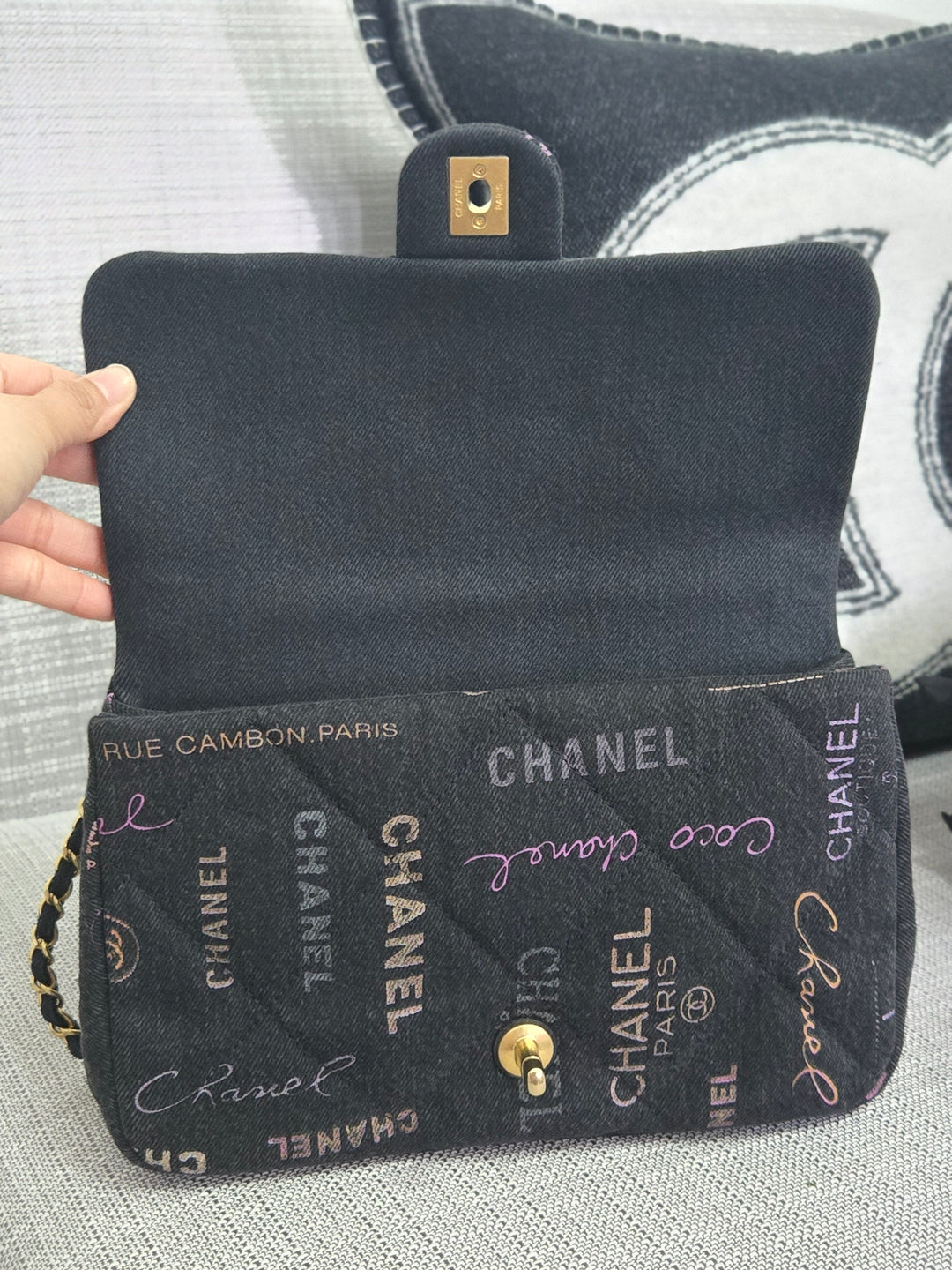 Chanel 22P collection Black Denim Mood Flap Bag with Aged GHW size Medium (25 cms)