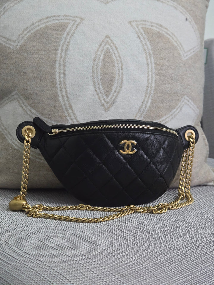 Chanel 24B 2024 Fall/Winter Black Caviar GHW Sweetheart Adjustable chain Waist Bag/Fanny Bag/Bum Bag