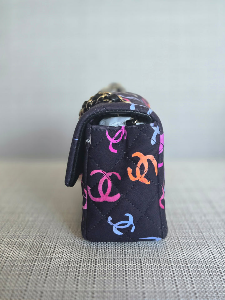 Chanel 24S collection Navy Multi color Jersey Mini Rectangular Flap Bag with Champagne GHW