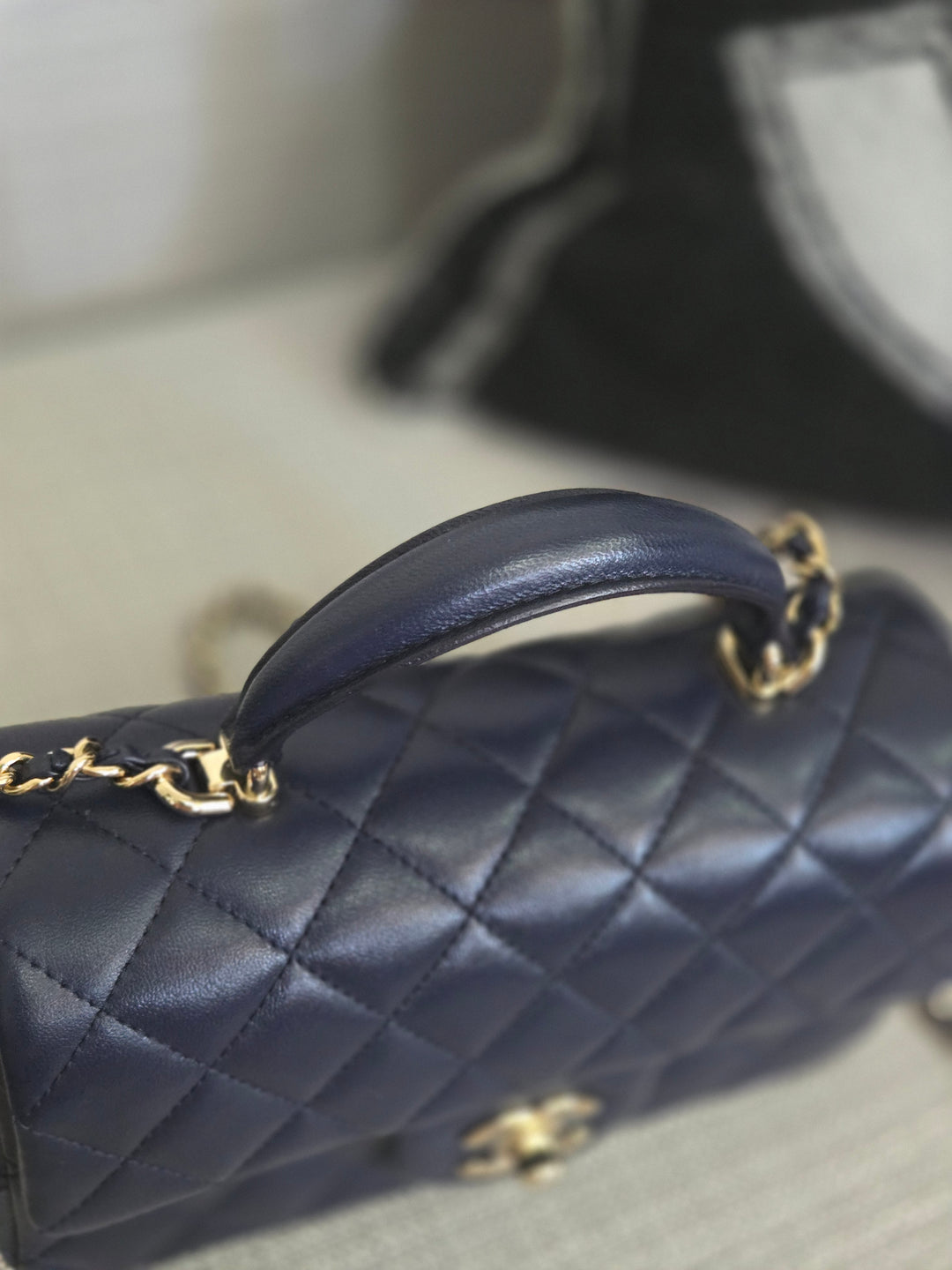 Chanel Navy Lambskin Mini Rectangular Flap Bag with Champagne GHW and Top Handle