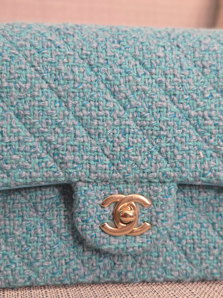 Chanel 22B 2022 Fall/Winter Collection Turquoise Blue Tweed Medium ML Timeless Classic Double Flap Bag with Champagne GHW