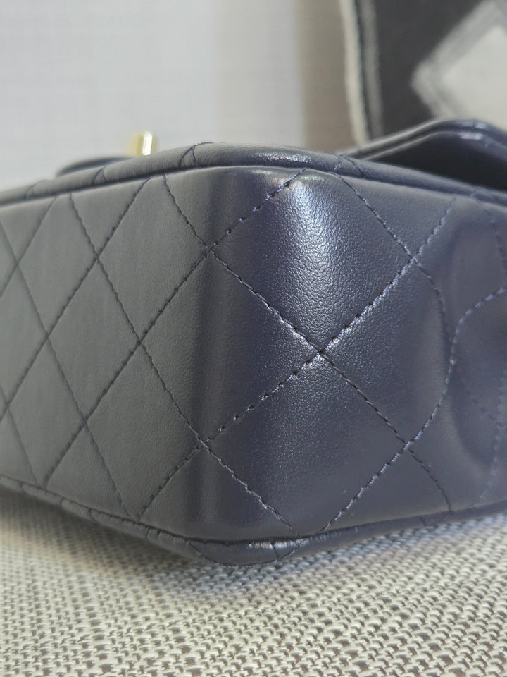 Chanel Navy Lambskin Mini Rectangular Flap Bag with Champagne GHW and Top Handle