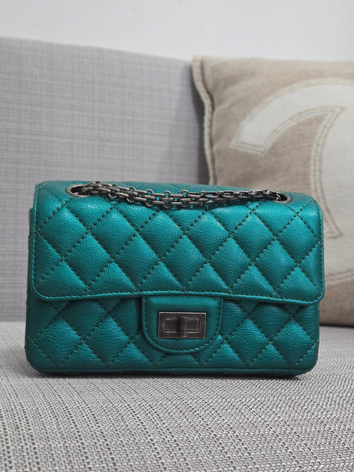 Chanel Series 28 Emerald Green Turquoise Calf skin 2.55 Reissue Mini Flap Bag with Ruthenium Hardwars