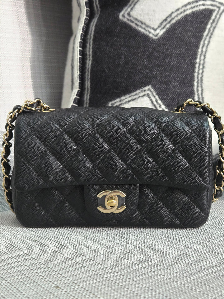 Chanel series 26 18B Collection Black Caviar Classic Mini Rectangular Flap Bag with champagne GHW