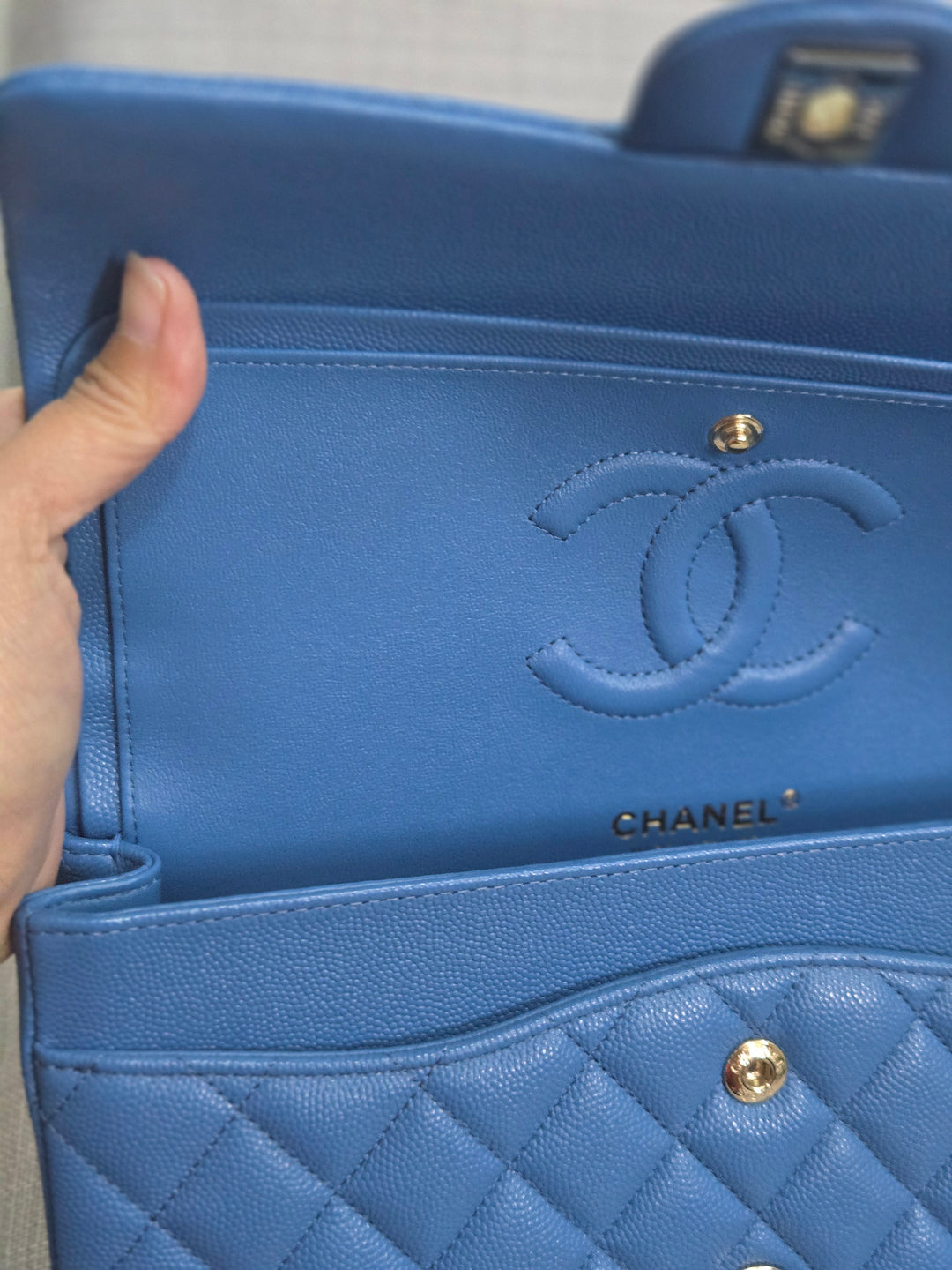 Chanel Series 30 Blue Caviar Medium Timeless Classic Double Flap Bag with Champagne GHW