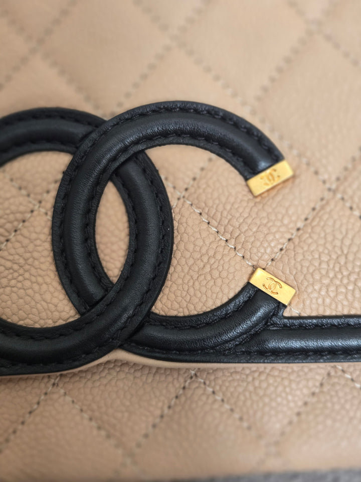 CHANEL Beige & Black Filigree Aged GHW Magnetic Closure Flap Bag size Medium 10 inches