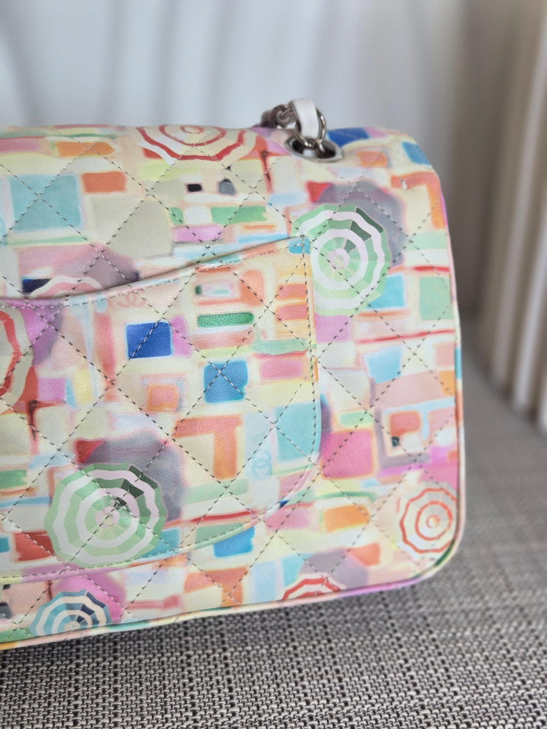 CHANEL Multi Color Rainbow Umbrella print calf skin SHW Medium Classic Double Flap Bag