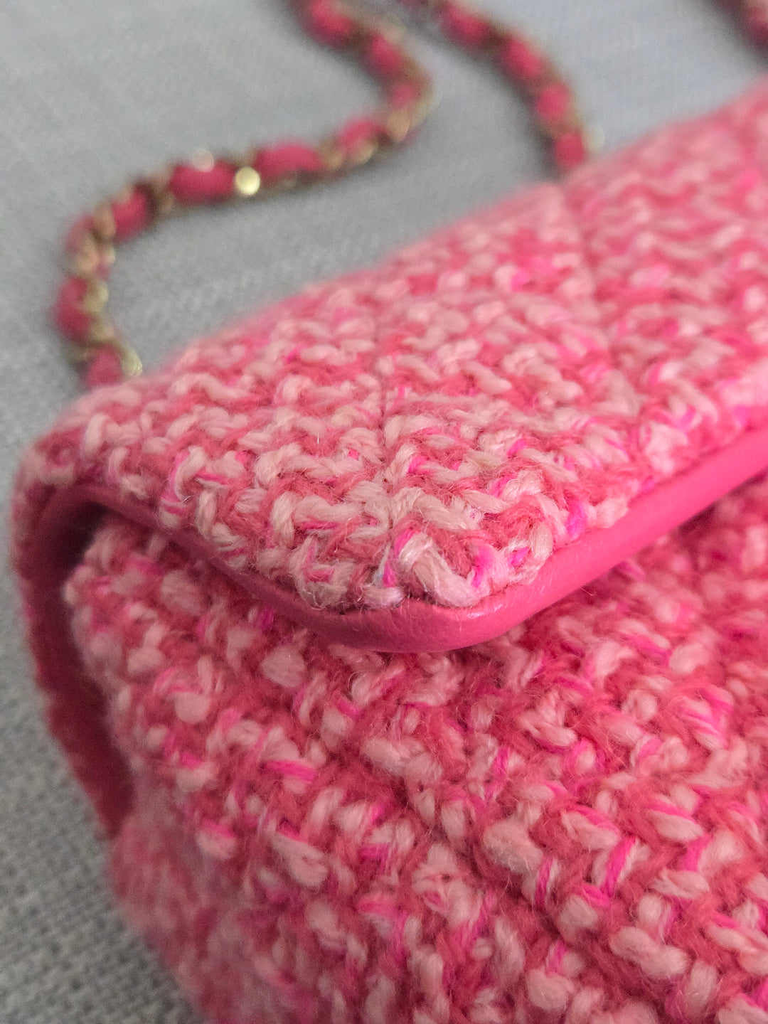 Chanel 22B 2022 Fall/Winter Fuchsia/Light Pink/Dark Pink Tweed Mini Rectangular Flap Bag with Champagne GHW