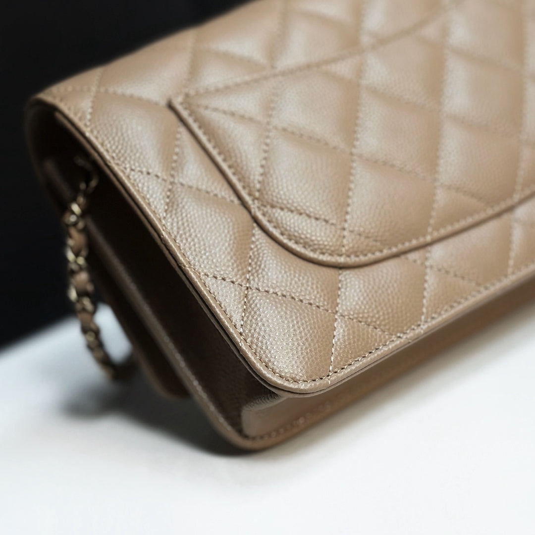 CHANEL 22A collection 2022 Dark Beige Caviar LGHW Classic Wallet On Chain (WOC)
