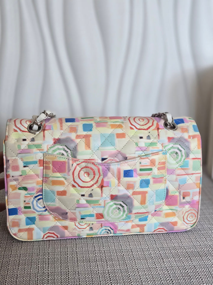 CHANEL Multi Color Rainbow Umbrella print calf skin SHW Medium Classic Double Flap Bag