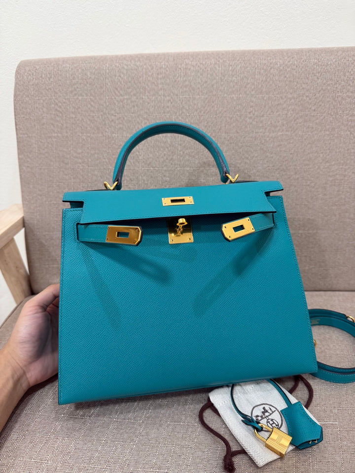 Hermes Kelly 28 in Bleu Paon Epsom Sellier Leather GHW Stamp D 2019