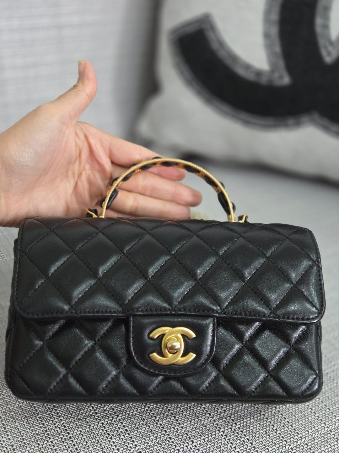 Chanel Black Lambskin Mini Rectangular Flap Bag with Top Handle GHW