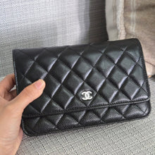 Load image into Gallery viewer, Chanel Black Caviar Classic Wallet on chain (WOC) with silver hardware
