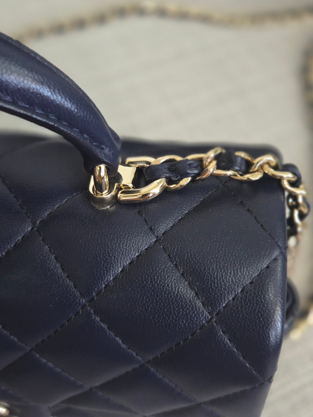 Chanel Navy Lambskin Mini Rectangular Flap Bag with Champagne GHW and Top Handle