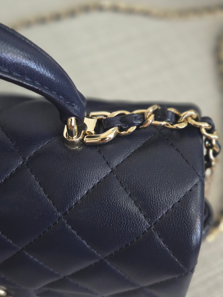 Chanel Navy Lambskin Mini Rectangular Flap Bag with Champagne GHW and Top Handle