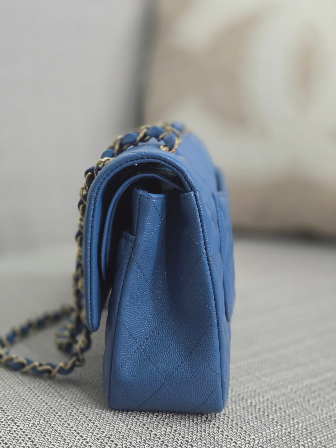 Chanel Series 30 Blue Caviar Medium Timeless Classic Double Flap Bag with Champagne GHW