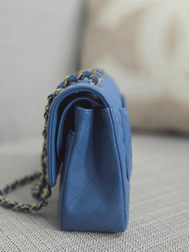 Chanel Series 30 Blue Caviar Medium Timeless Classic Double Flap Bag with Champagne GHW
