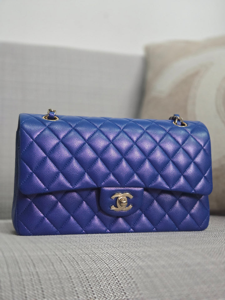 Chanel series 31 Iridescent Cobalt Blue Caviar Medium ML Timeless Classic Double Flap Bag with Champagne GHW