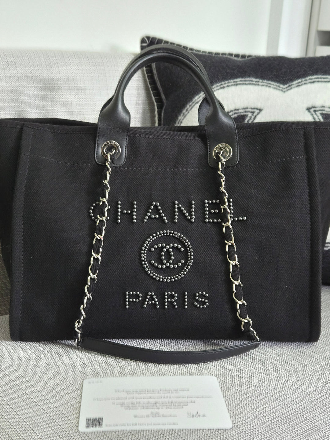 Chanel 20S 2020 Spring/Summer Collecion Black Canvas With Pearl Embossed Deauville Tote Bag with Leather Top Handle Size Medium/Large