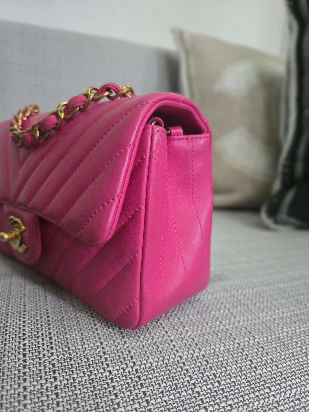 Chanel series 21 Barbie Pink Lambskin Chevron Mini Rectangular Flap Bag with Yellow GHW