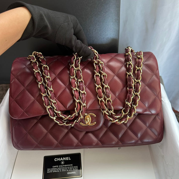 CHANEL series 16 Burgundy Lambskin LGHW Jumbo Timeless Classic Double Flap Bag 2012