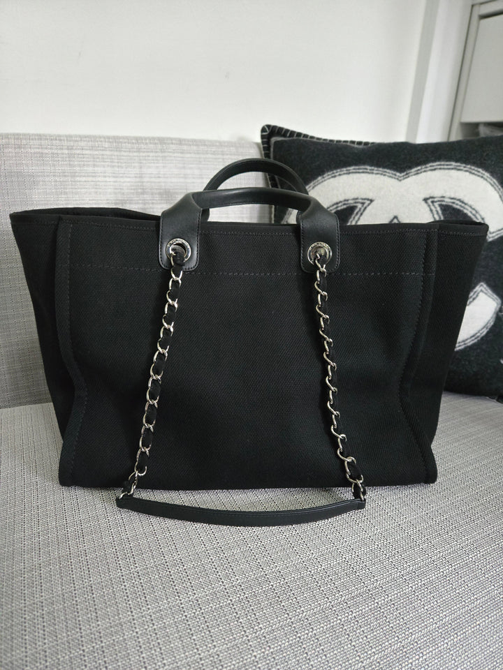 Chanel 20S 2020 Spring/Summer Collecion Black Canvas With Pearl Embossed Deauville Tote Bag with Leather Top Handle Size Medium/Large