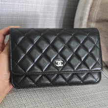 Load image into Gallery viewer, Chanel Black Caviar Classic Wallet on chain (WOC) with silver hardware
