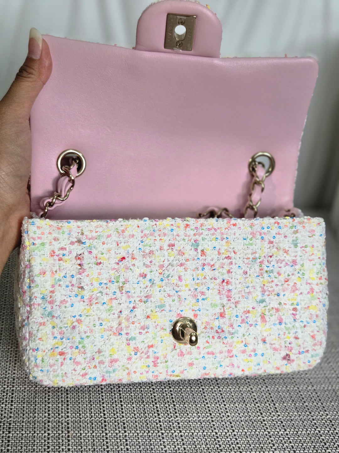 Chanel 25C 2025 Cruise Collection Multi-colored Tweed Champagne GHW Mini rectangular flap bag