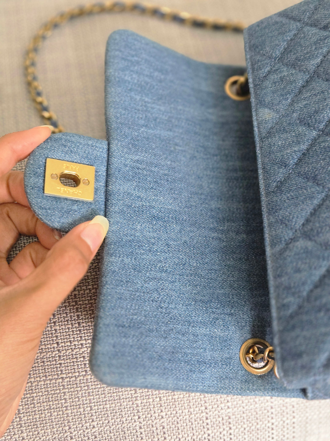 CHANEL 23C 2022/2023 Cruise collection Denim Pearl Crush Adjustable Chain Mini Rectangular Flap Bag with Aged GHW
