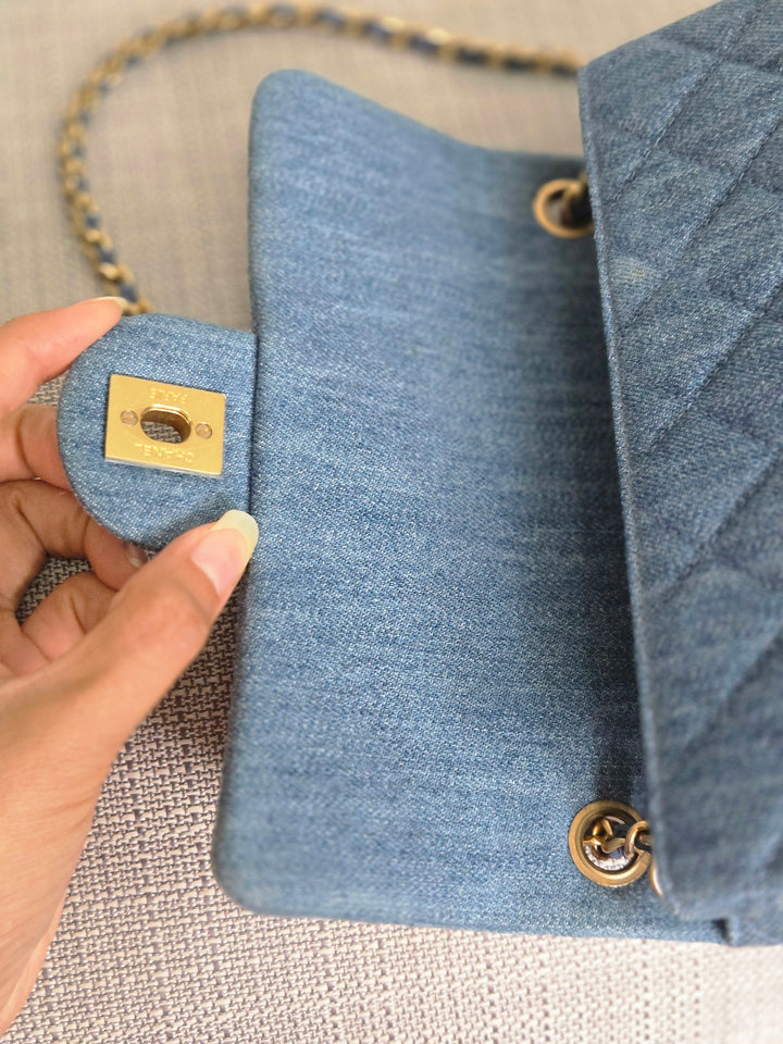 CHANEL 23C 2022/2023 Cruise collection Denim Pearl Crush Adjustable Chain Mini Rectangular Flap Bag with Aged GHW