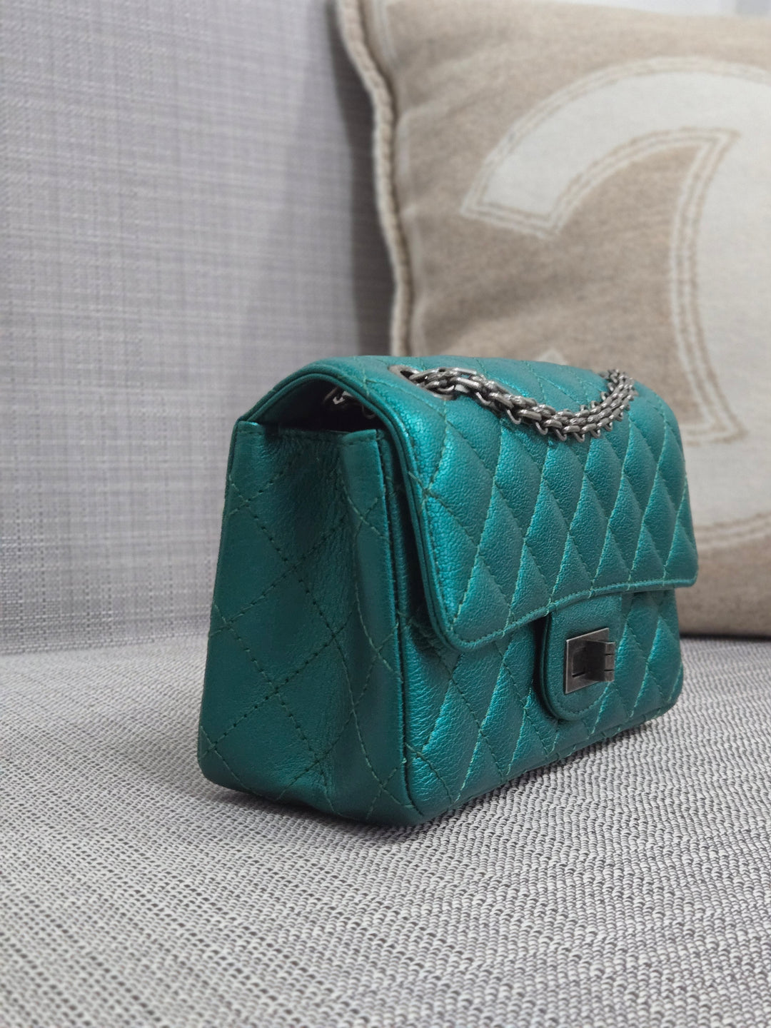Chanel Series 28 Emerald Green Turquoise Calf skin 2.55 Reissue Mini Flap Bag with Ruthenium Hardwars