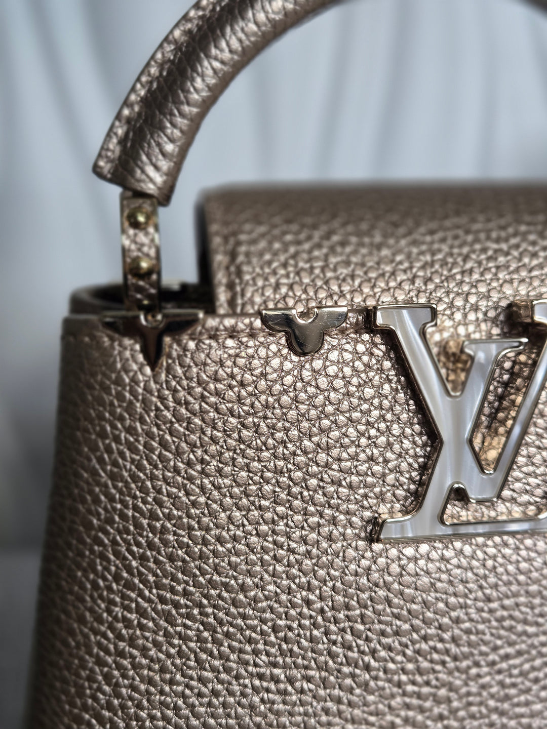 LOUIS VUITTON LV Metallic Taurillon Embellished Flower Crown Mini Capucines in Gold