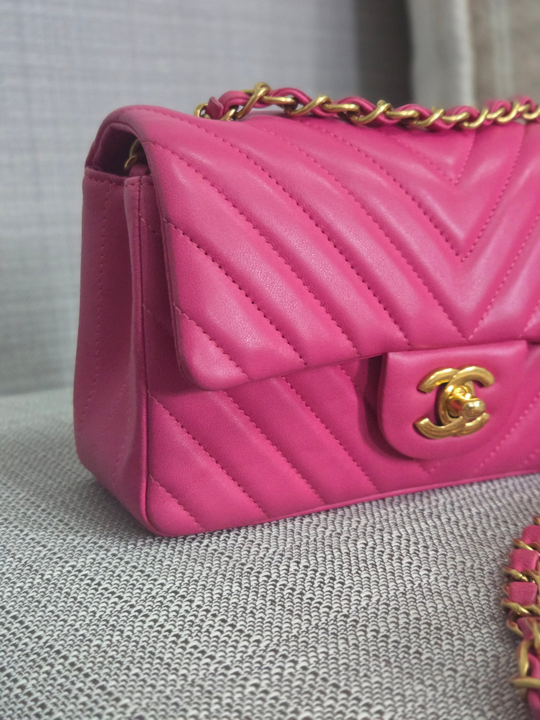 Chanel series 21 Barbie Pink Lambskin Chevron Mini Rectangular Flap Bag with Yellow GHW